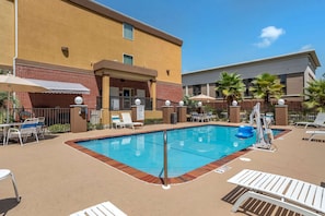 Outdoor pool, open 8:00 AM to 8:00 PM, pool umbrellas, sun loungers