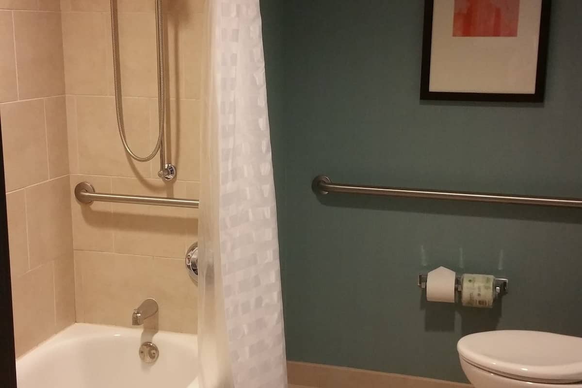 designer toiletries, hair dryer, towels