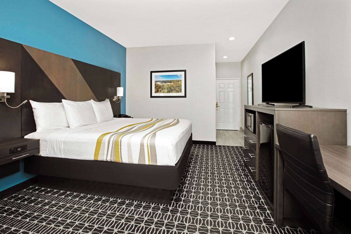 Une chambre d’hôtel avec un lit, un bureau, une télévision et un tableau au mur.