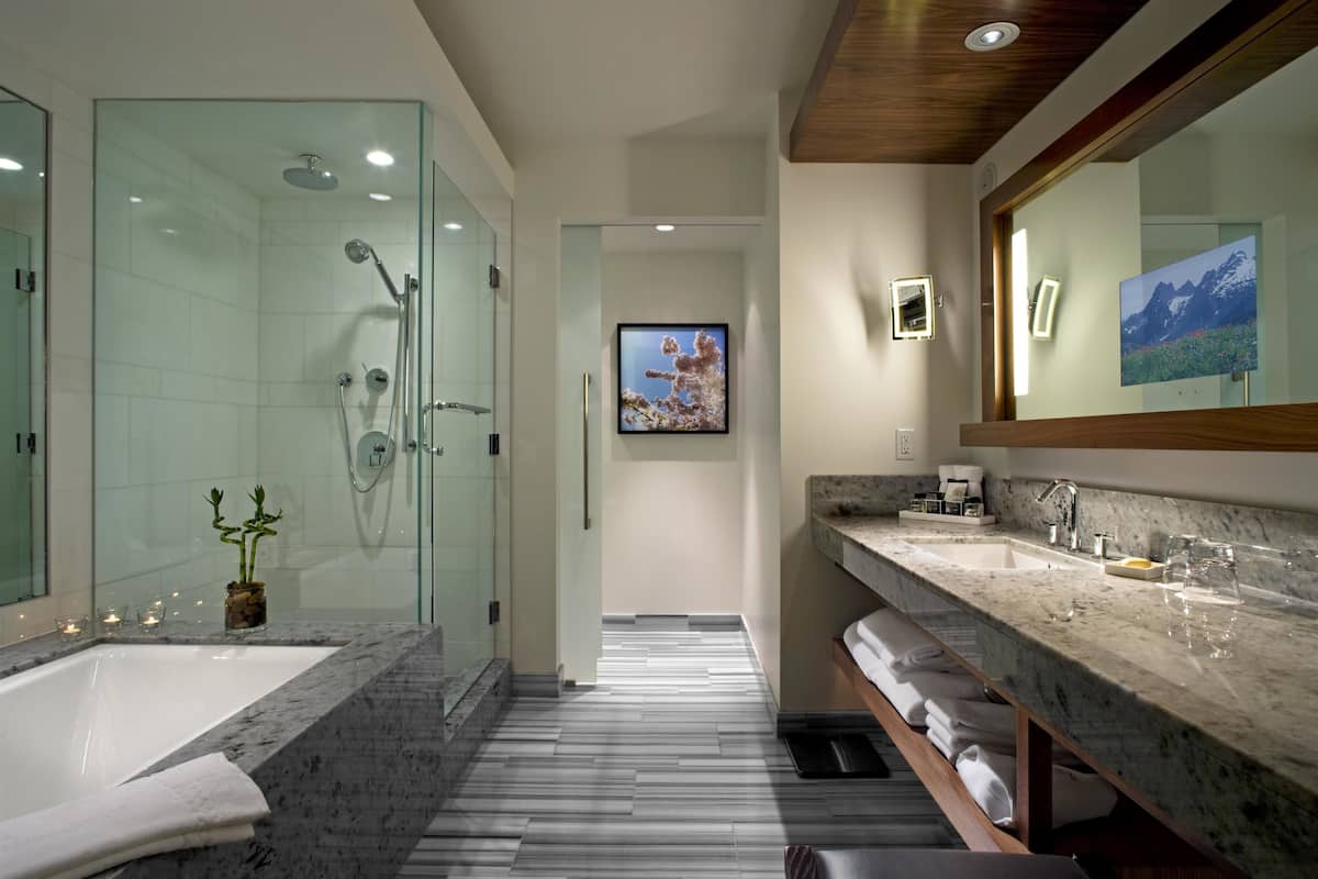 separate bathtub and shower, rainfall showerhead, designer toiletries