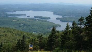 A scenic view of a lake surrounded by dense forest and hills.