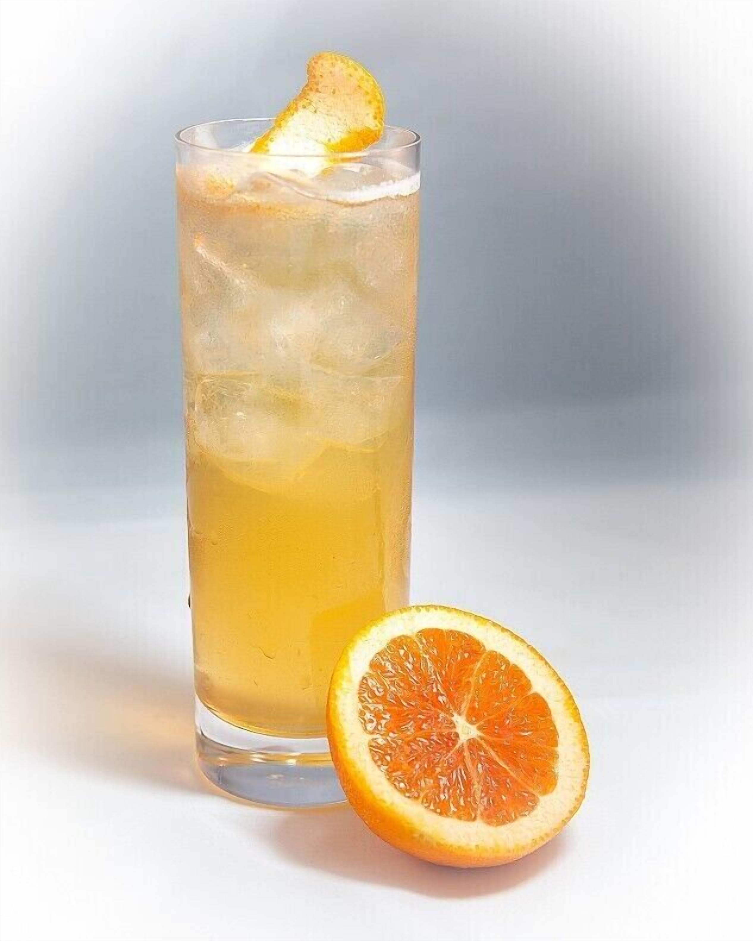 A tall glass with a citrus garnish, next to a halved orange.