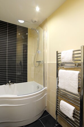 Shower, free toiletries, hair dryer, towels