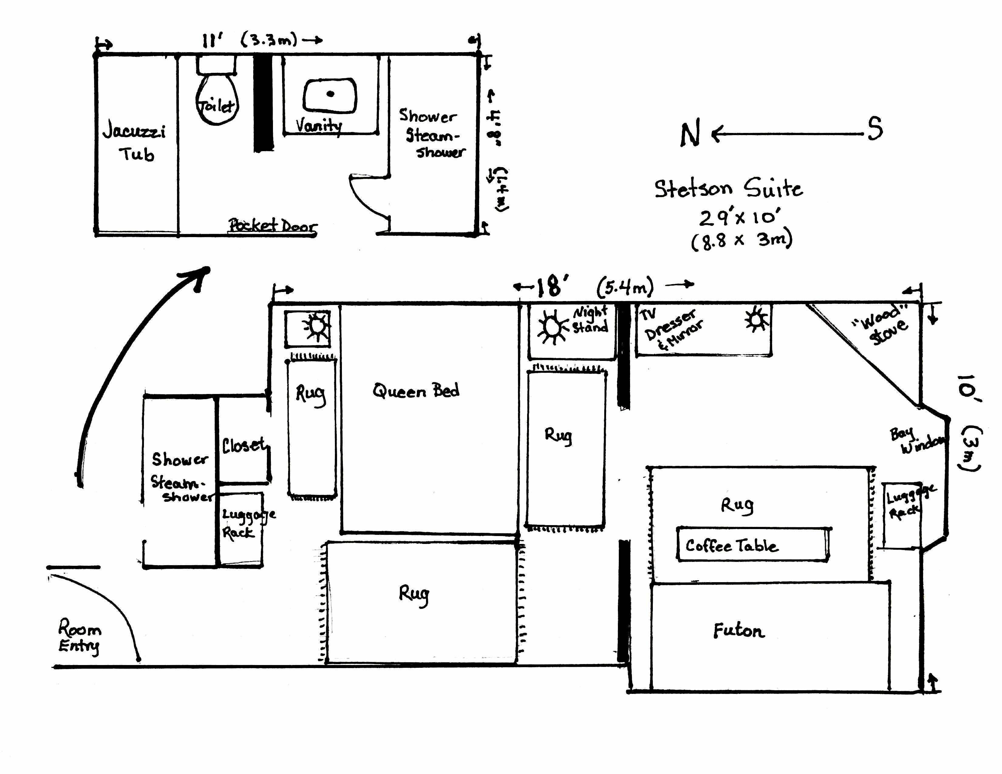 A floor plan of a hotel room with a queen bed, a night stand, a TV, a dresser, a wood stove, a closet, a shower, a toilet, and a futon.