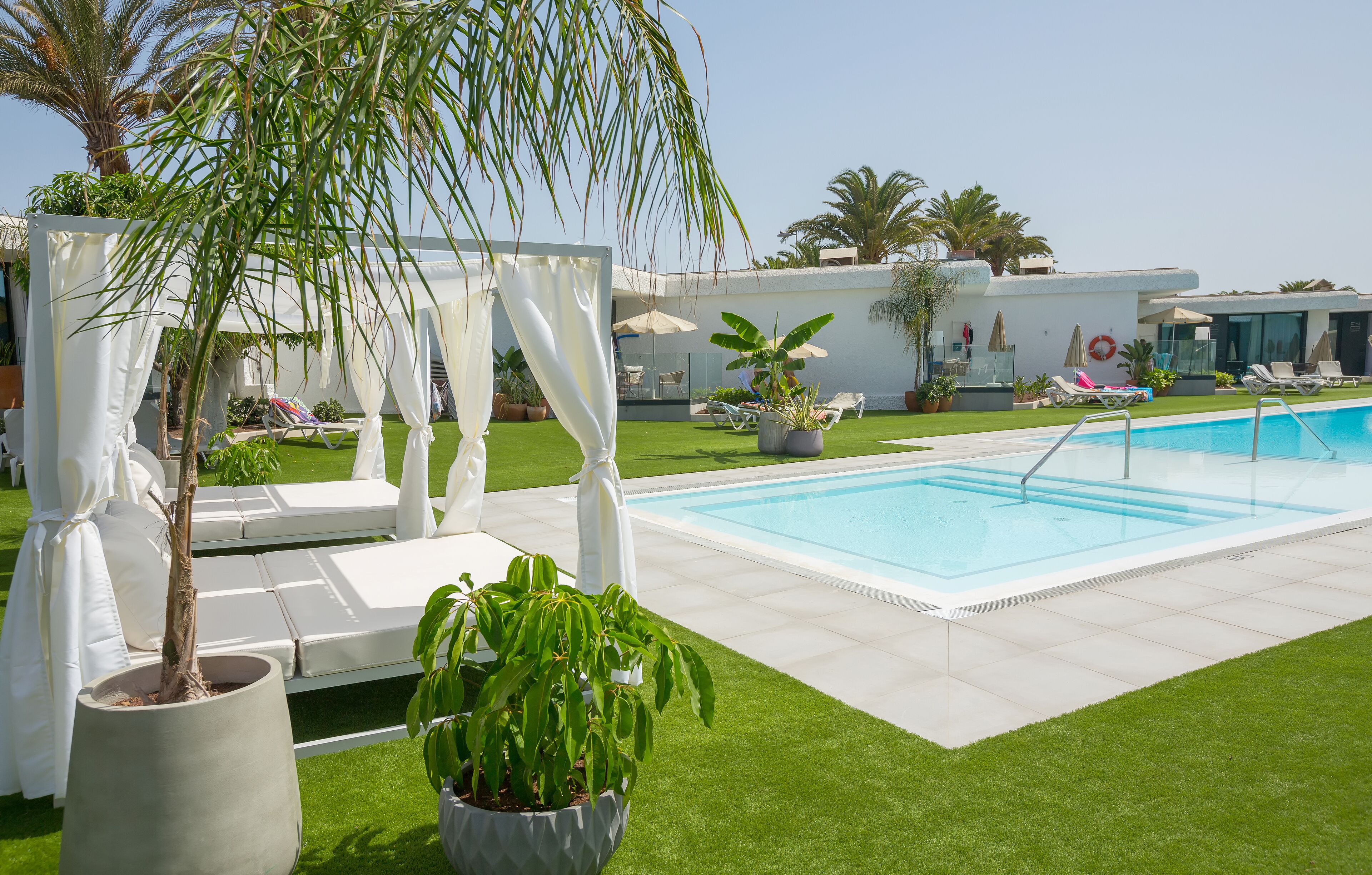 A pool area with a clear blue pool, white lounge chairs, and potted plants.