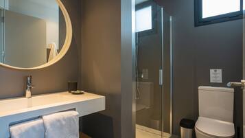 Un baño moderno con ducha de vidrio, un lavabo blanco con espejo y un inodoro.