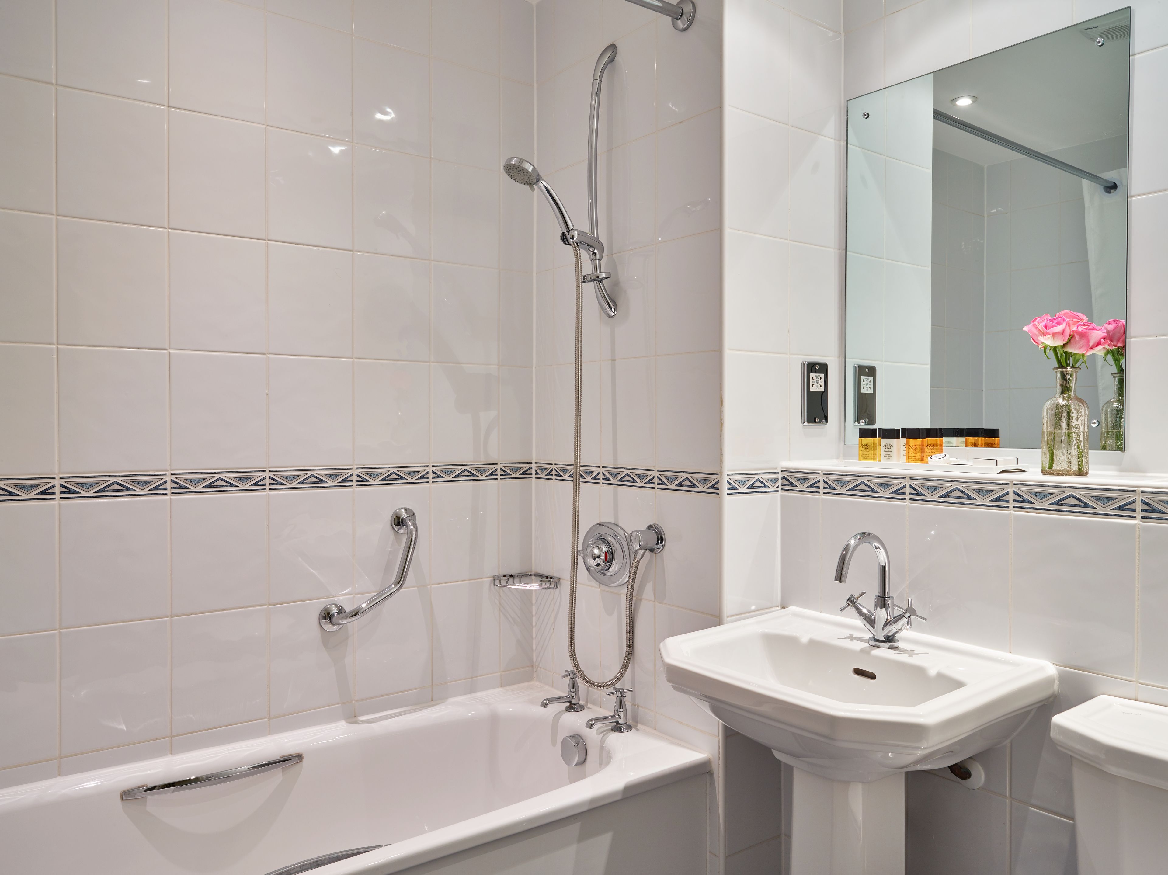 combined shower/bathtub, free toiletries, hair dryer, towels