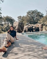Una persona sentada en una cubierta de madera junto a una piscina, con elefantes al fondo.