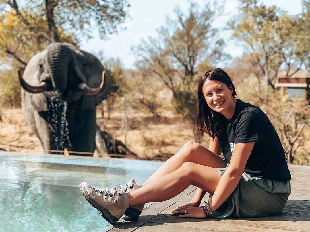 A person sitting by a pool with an elephant in the background.