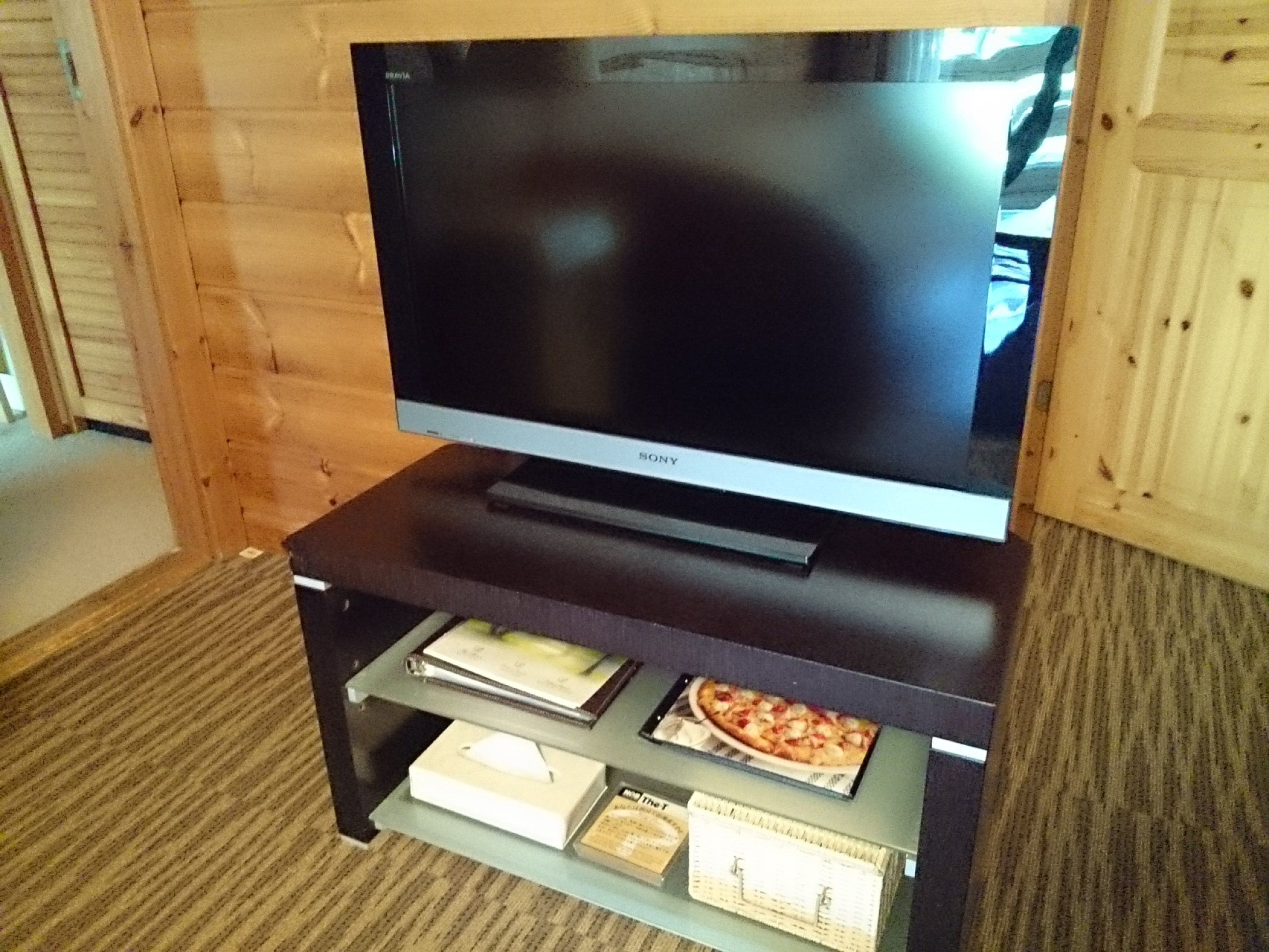 Un televisor de pantalla plana sobre un mueble de madera con un estante inferior que contiene libros y una caja de pizza.