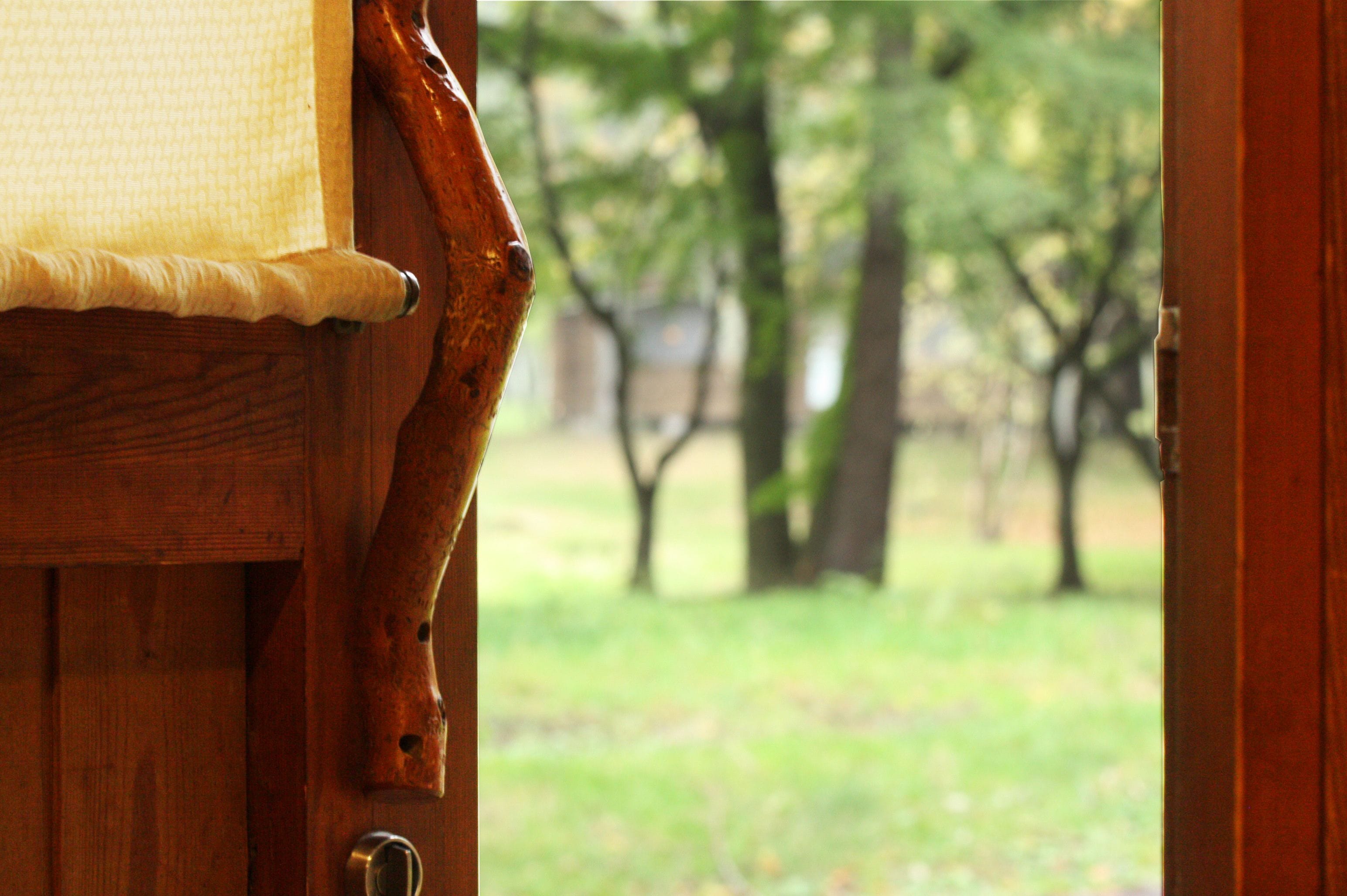 A wooden door with a textured fabric hanging over it, leading to an outdoor area with trees.