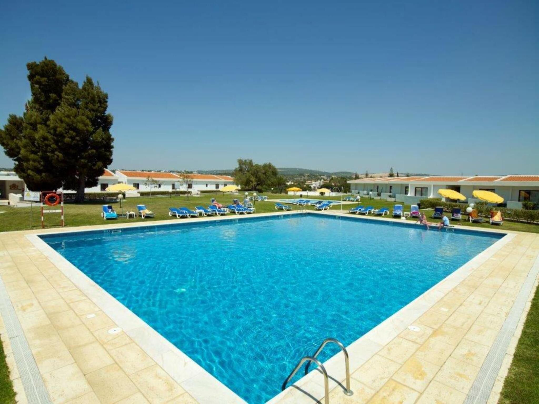 Una piscina rectangular con agua azul cristalina, rodeada por una solana con baldosas. Varias sillas de descanso y sombrillas se encuentran alrededor de la piscina, y se observa un flotador salvavidas en el lado izquierdo.