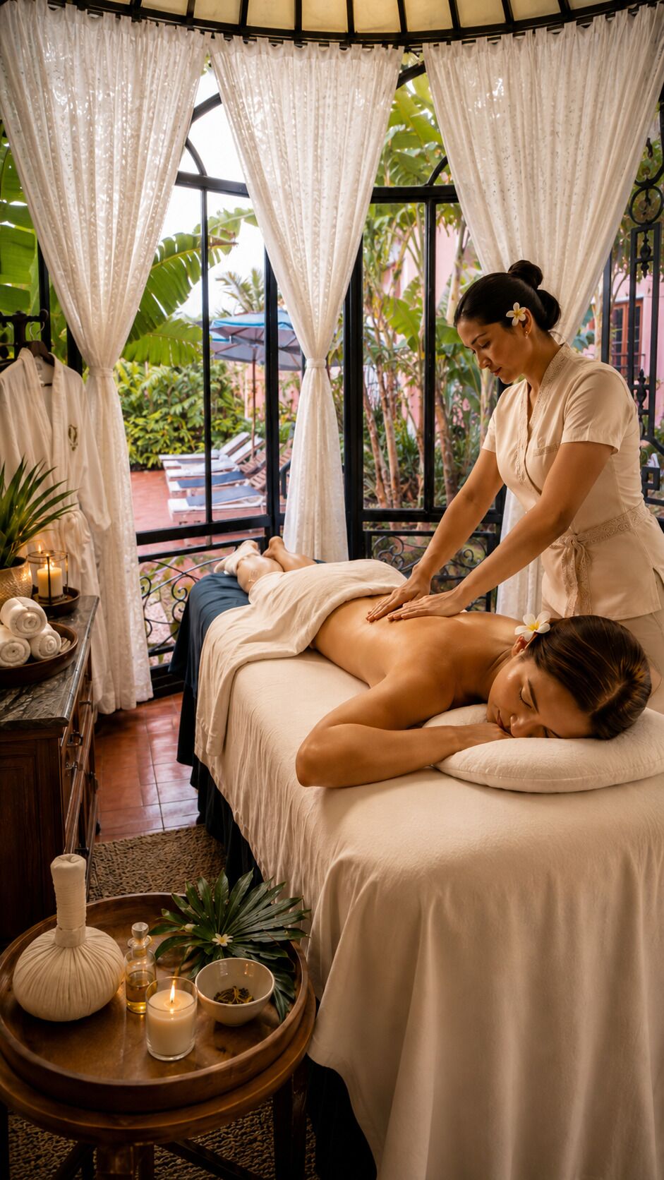 A massage therapy session in a room with a bed, a massage table, and a window with curtains.