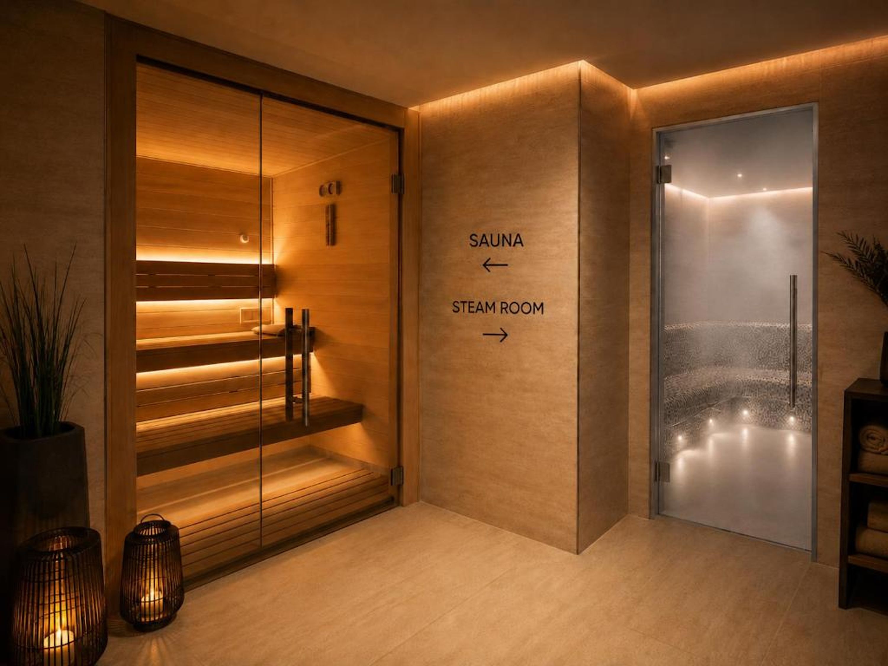 Een moderne spa met een sauna en stoomcabine, houten lambrisering en een glazen deur naar de stoomruimte.