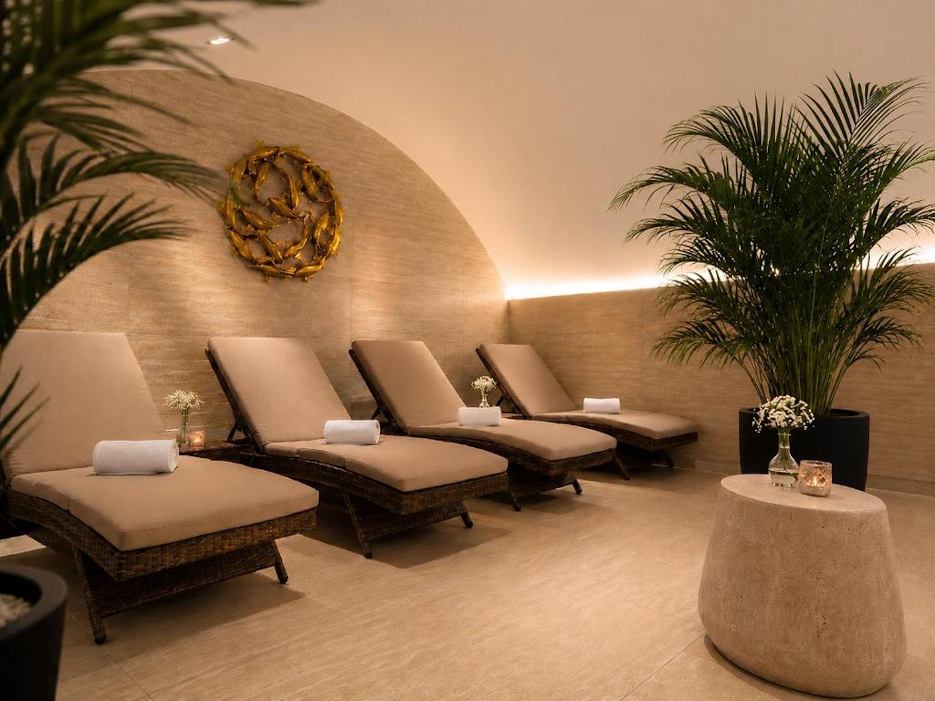 Un espace détente avec trois chaises longues, un mur décoratif et une plante en pot.