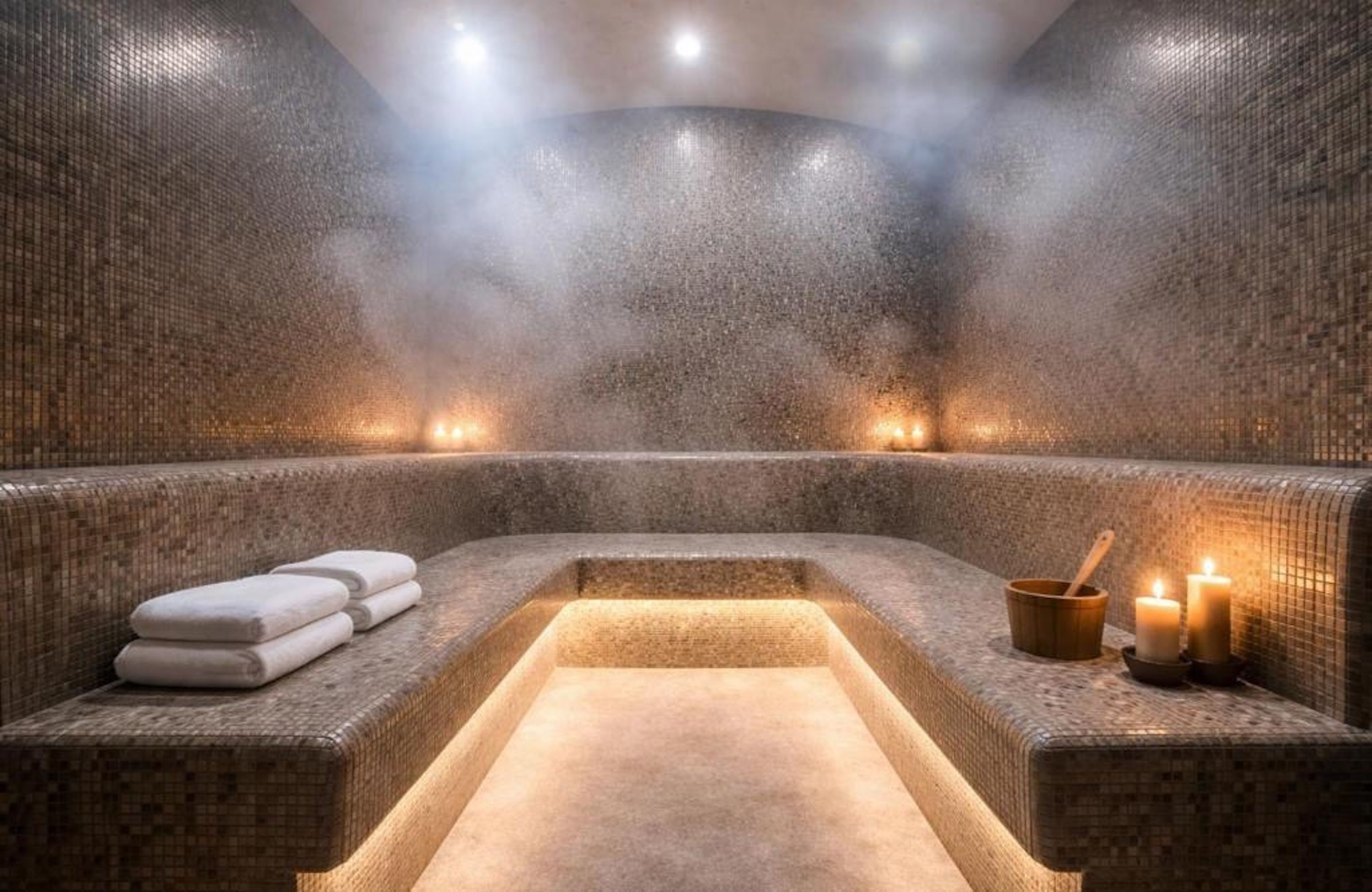 Un baño de vapor con una zona de asientos curvada, toallas, velas y un cubo de madera.