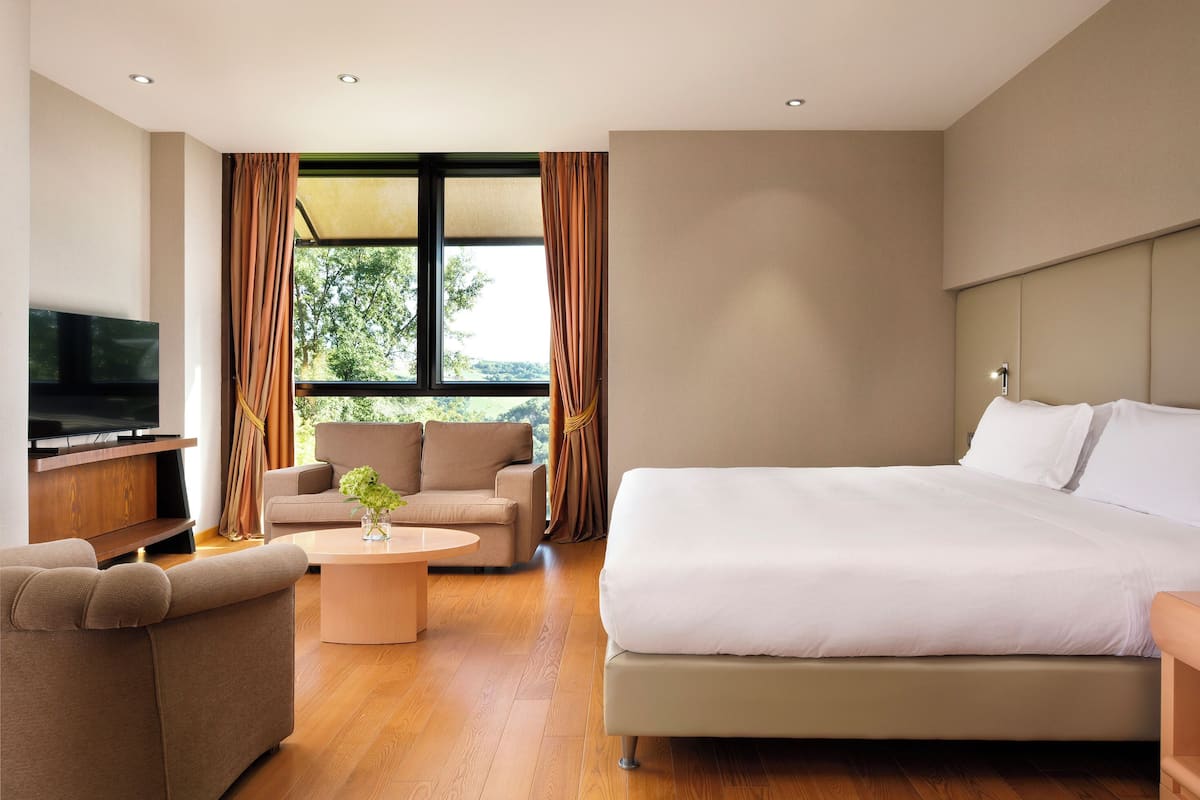 A modern hotel room with a large bed, a sofa, a coffee table, and a TV.
