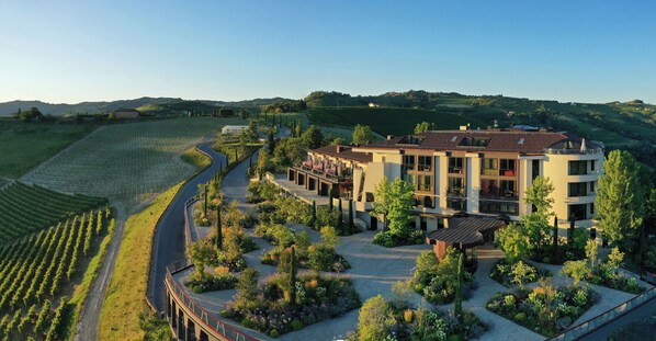 A modern building with a curved driveway, surrounded by landscaped gardens and vineyards.