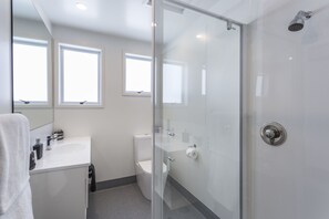 A modern bathroom with a glass shower enclosure, a white sink, and a toilet. - Dunedin Motel and Villas (Dunedin)