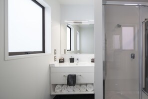 Shower, free toiletries, hair dryer, towels