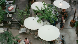 Un patio al aire libre con varias mesas redondas y sombrillas blancas, rodeado de macetas con plantas y árboles.