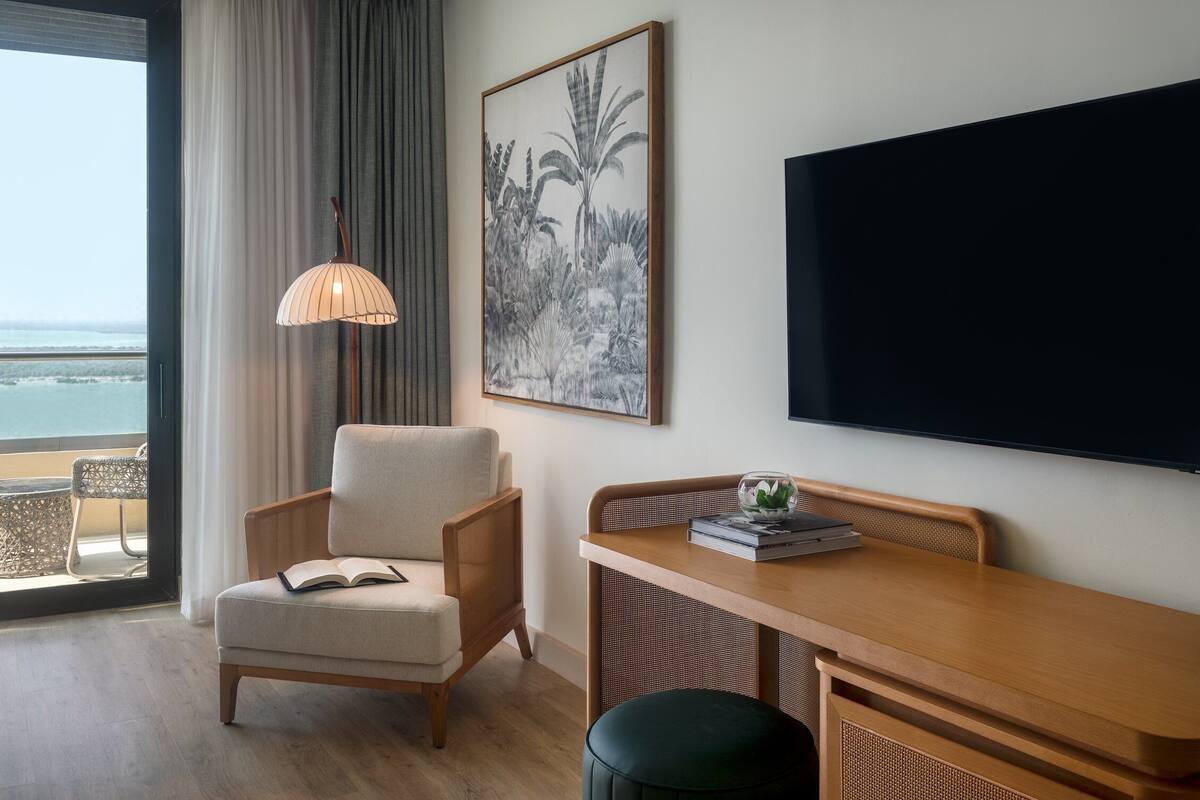Habitación de hotel con vista al mar, una silla con un libro, un escritorio con una planta y un televisor grande en la pared.