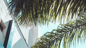 Un edificio moderno con fachada blanca, marcos de ventana negros y un balcón visible.