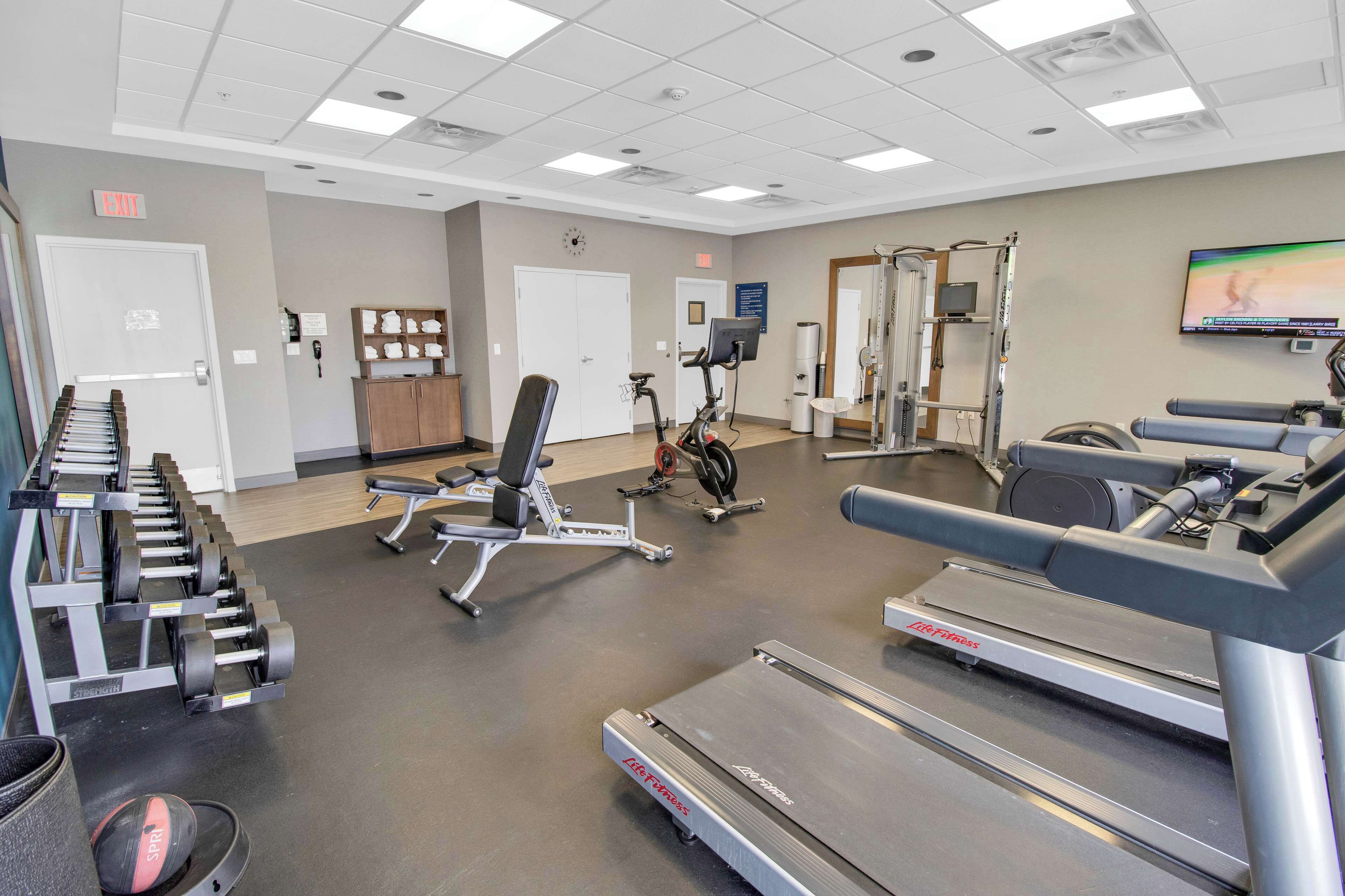 A gym with treadmills, dumbbells, and exercise equipment.