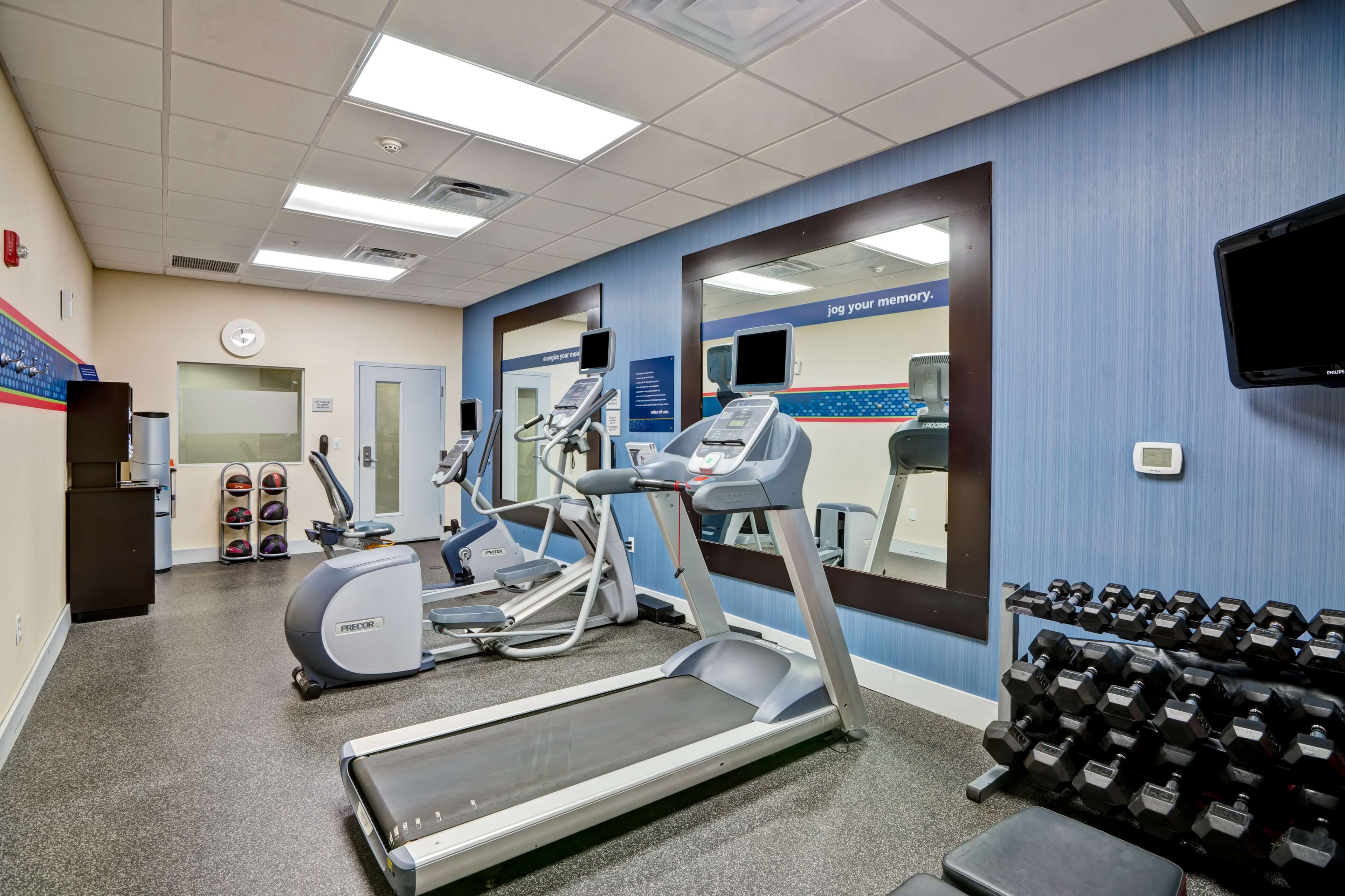 Une salle de sport équipée de tapis de course, de vélos elliptiques et d’une série de haltères.