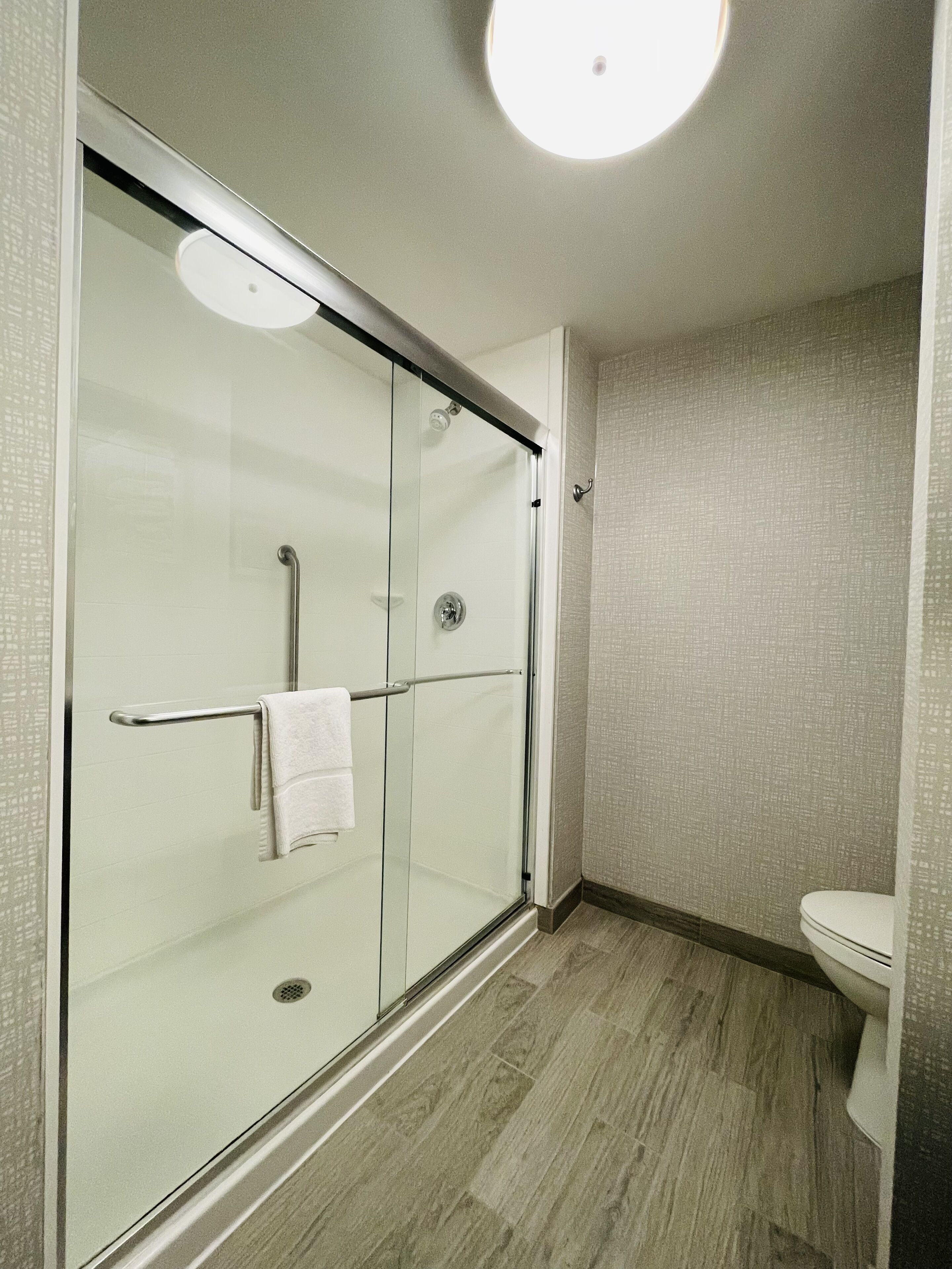 A modern bathroom with a glass shower enclosure, a white toilet, and a wooden floor.