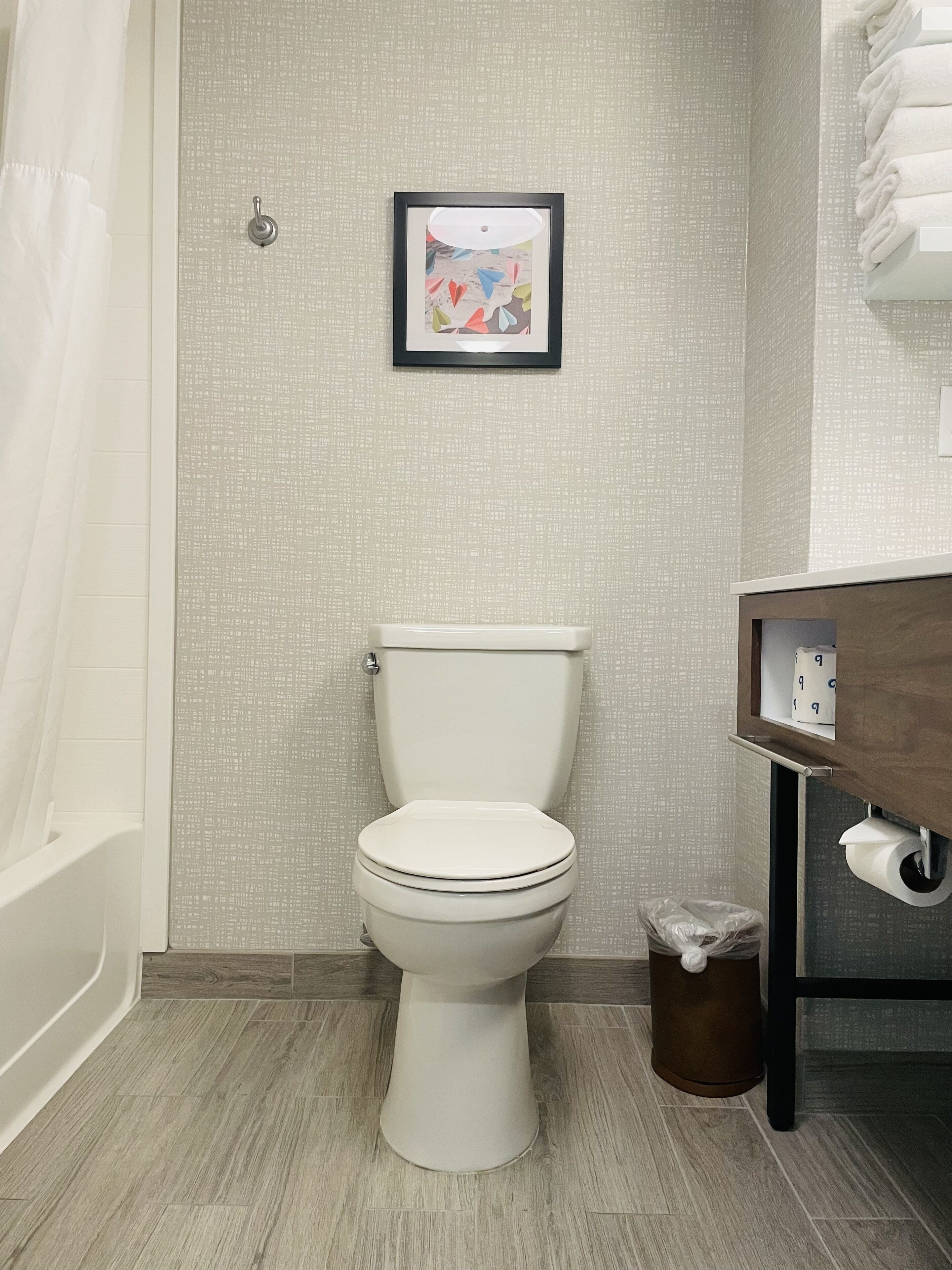 A bathroom with a toilet, a framed picture on the wall, and a trash can.