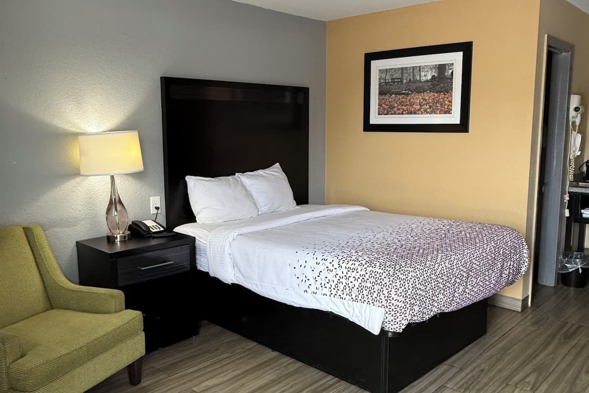 Une chambre d’hôtel avec un lit, une table de chevet avec une lampe, une chaise et un tableau encadré au mur.
