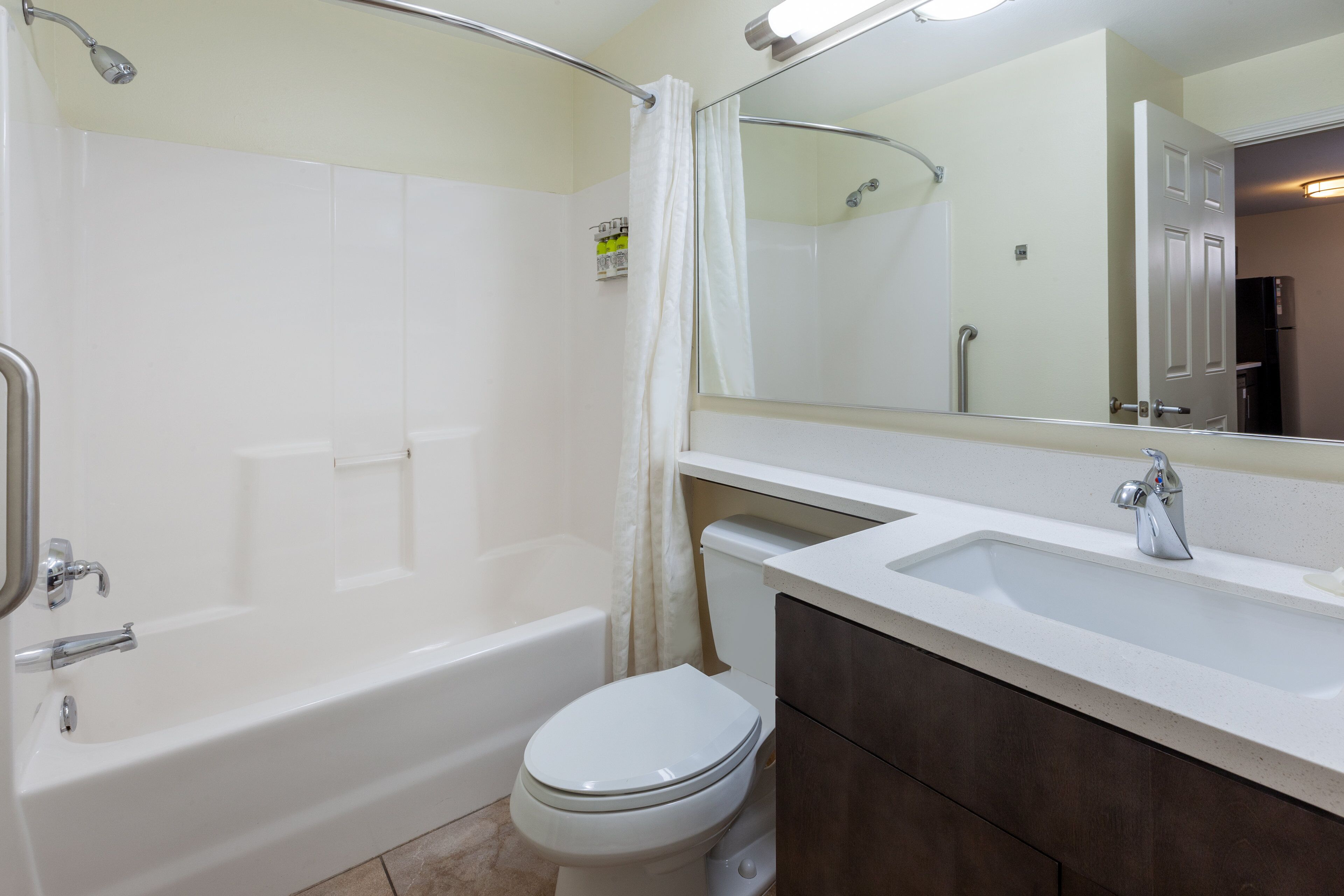 combined shower/bathtub, free toiletries, hair dryer, towels