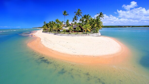 A tropical island with a white sandy beach, clear turquoise waters, and palm trees.