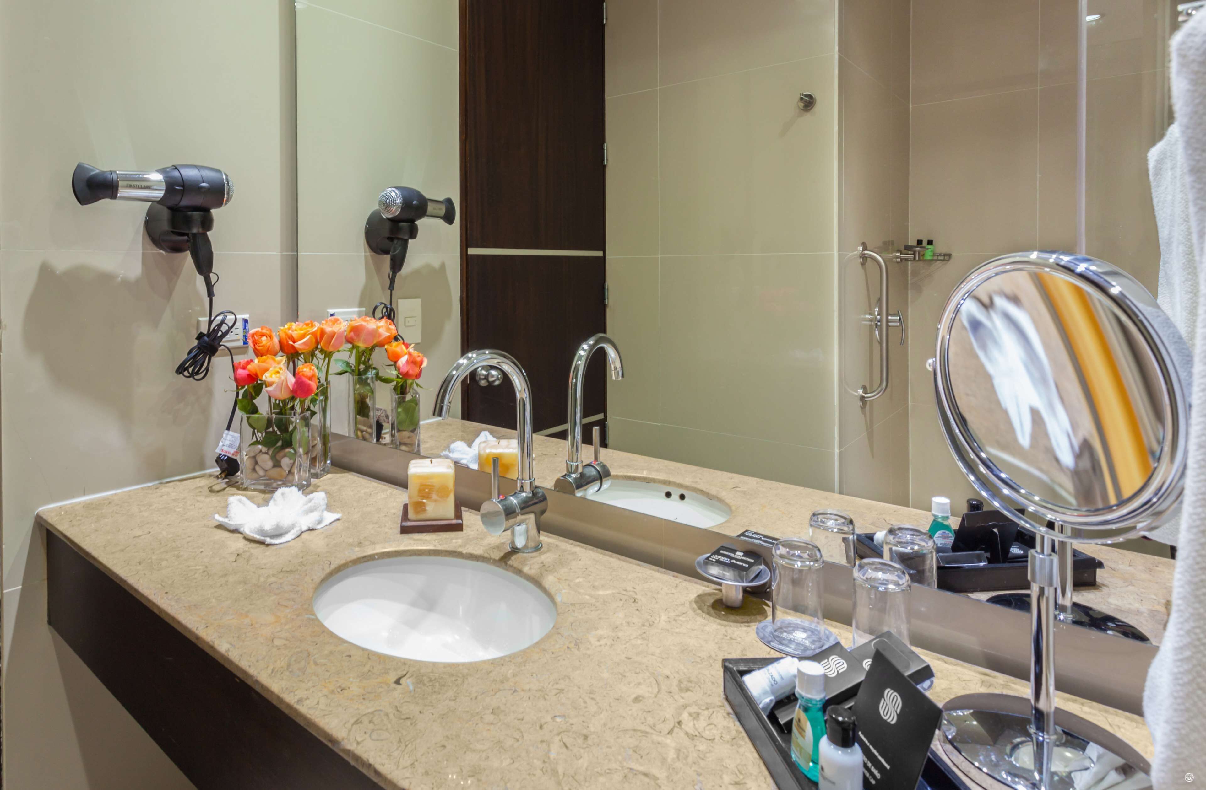 Un baño con lavamanos, dos espejos, secador de pelo, un florero con flores y artículos de aseo.