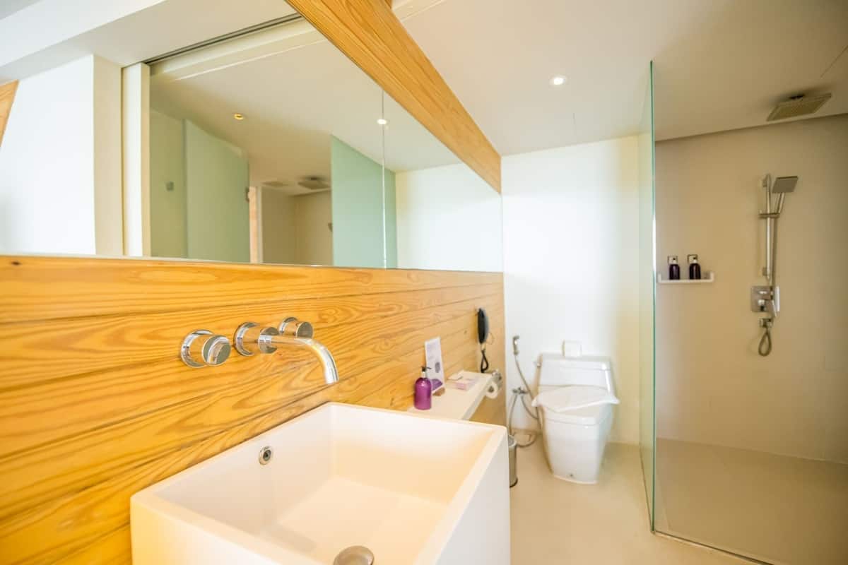 Shower, rainfall showerhead, free toiletries, hair dryer