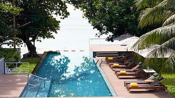 Outdoor pool, pool umbrellas, pool loungers