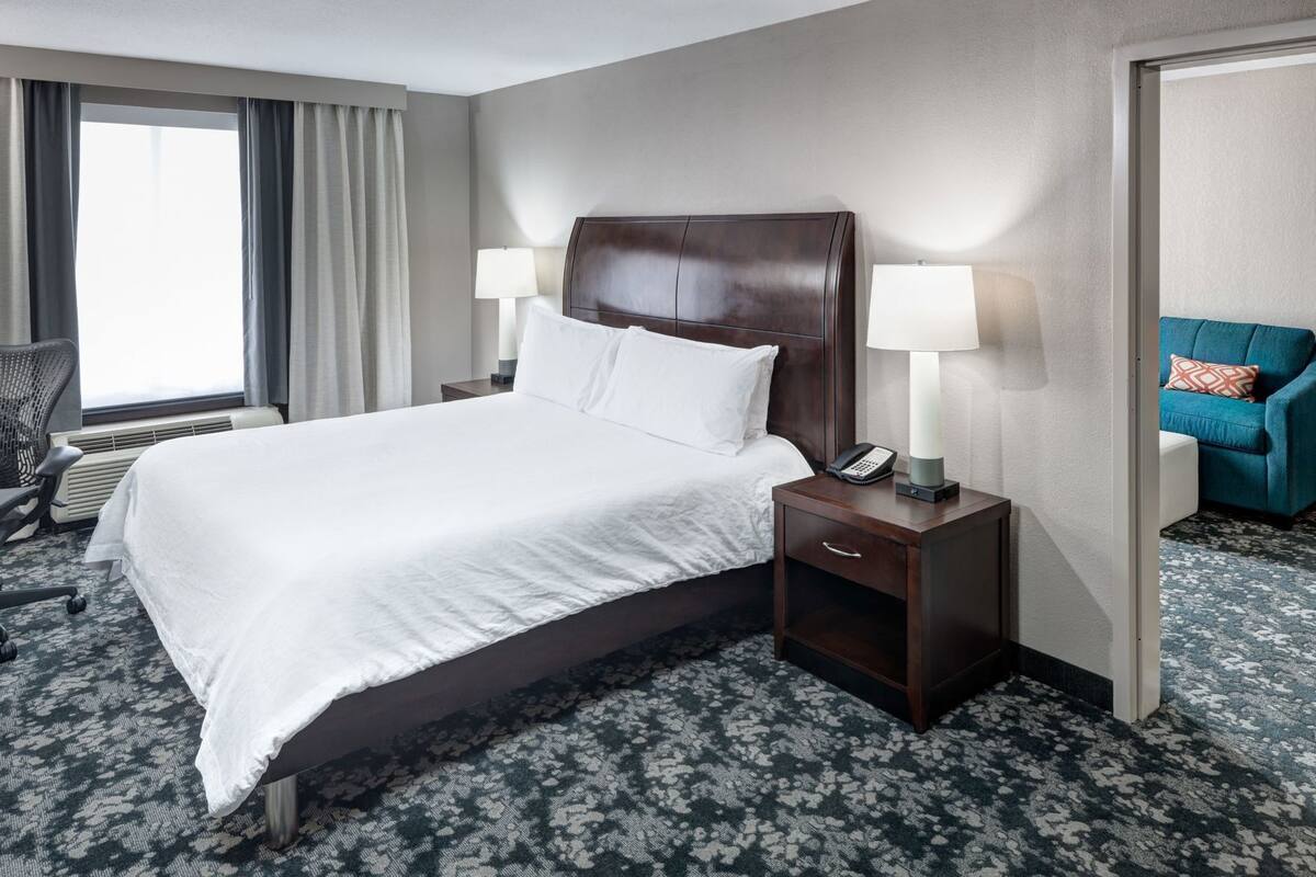 A hotel room with a large bed, two bedside tables with lamps, a chair, and a view of the outdoors.
