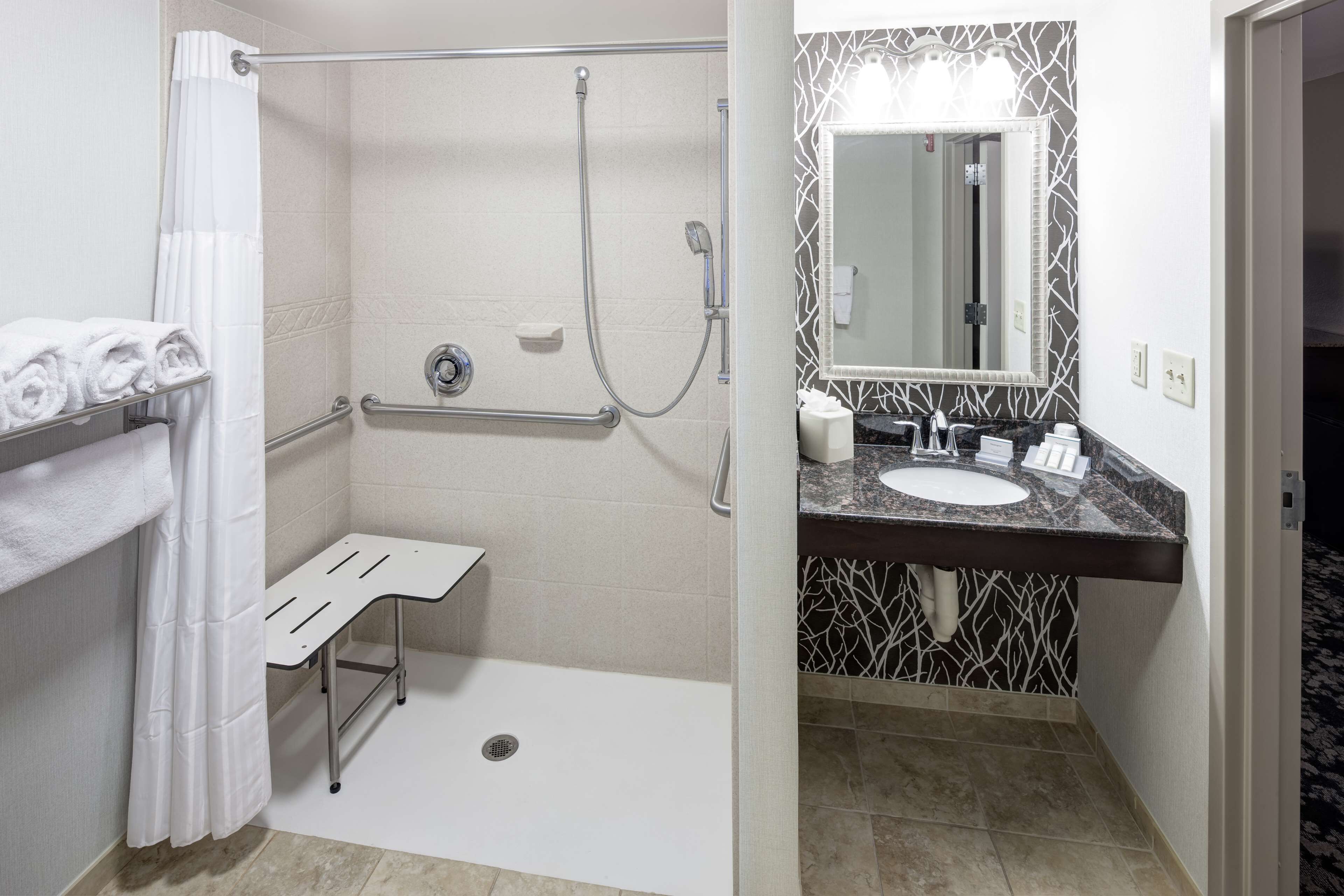 combined shower/bathtub, designer toiletries, hair dryer, towels