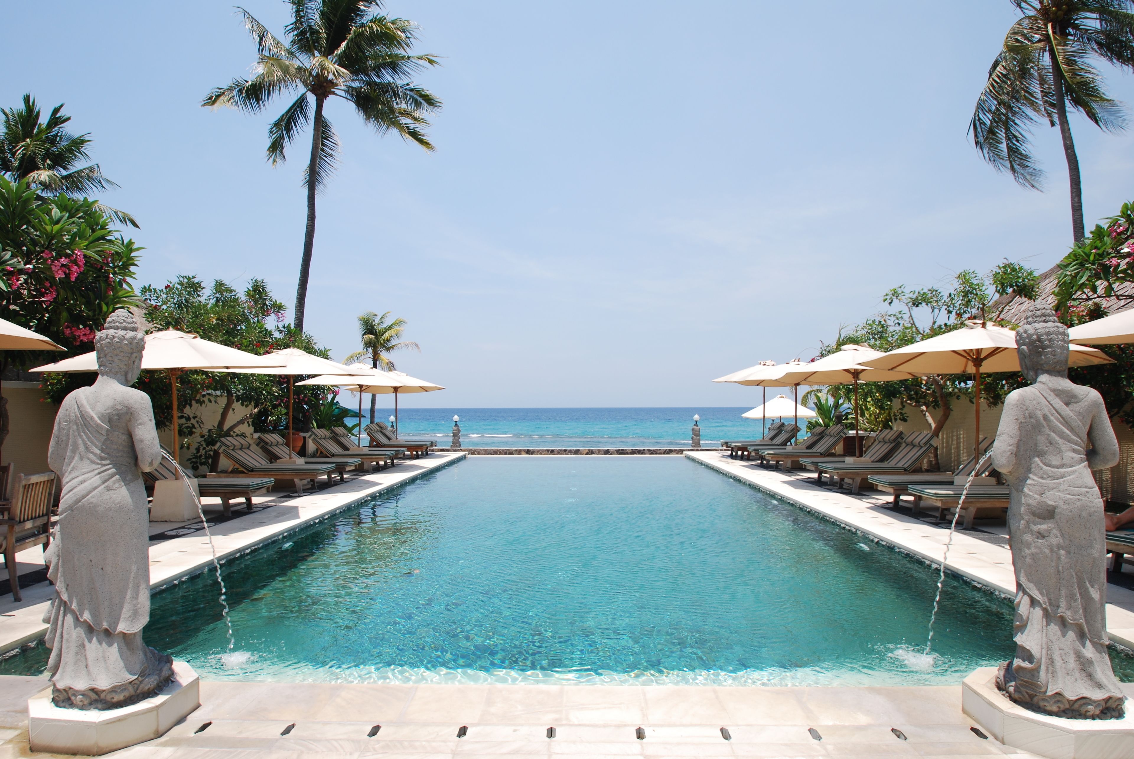 outdoor pool, pool umbrellas, pool loungers