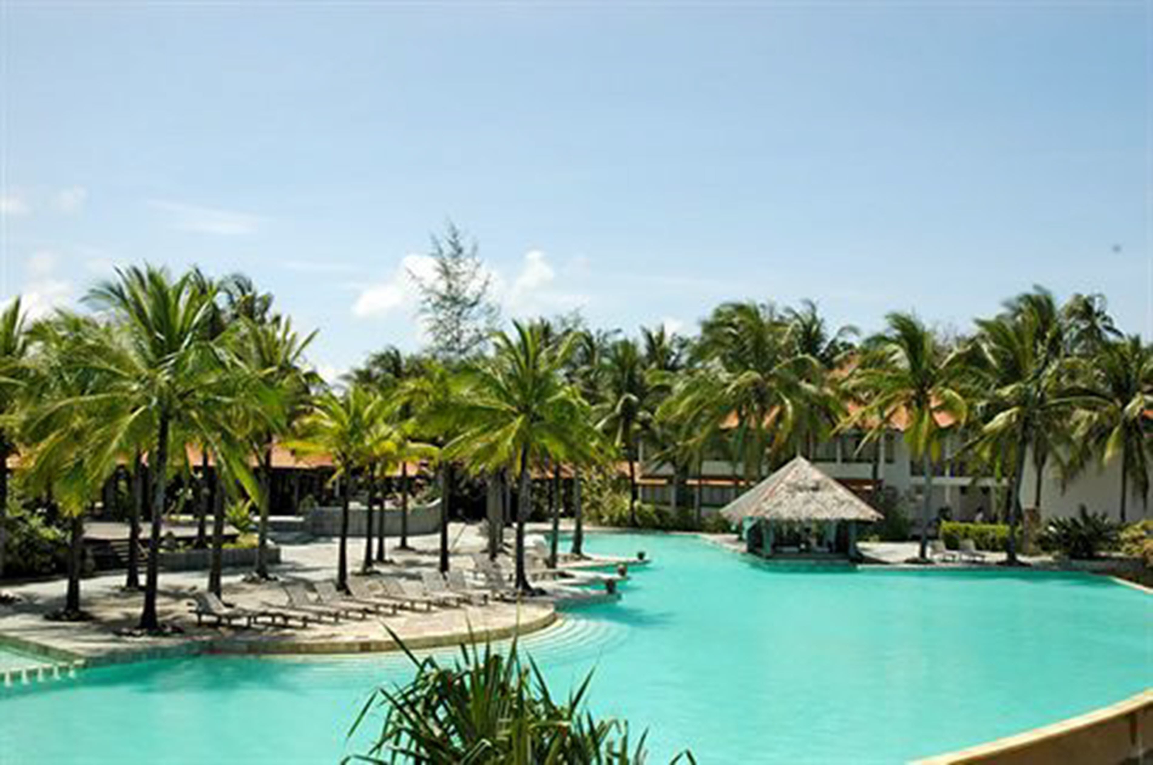 A resort pool area with palm trees, lounge chairs, and a thatched-roof structure.