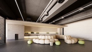 A modern interior with a curved seating area, a reception desk, and a wall-mounted menu. - HOTEL DRIP&DROP Myeongdong Central (Seoul)