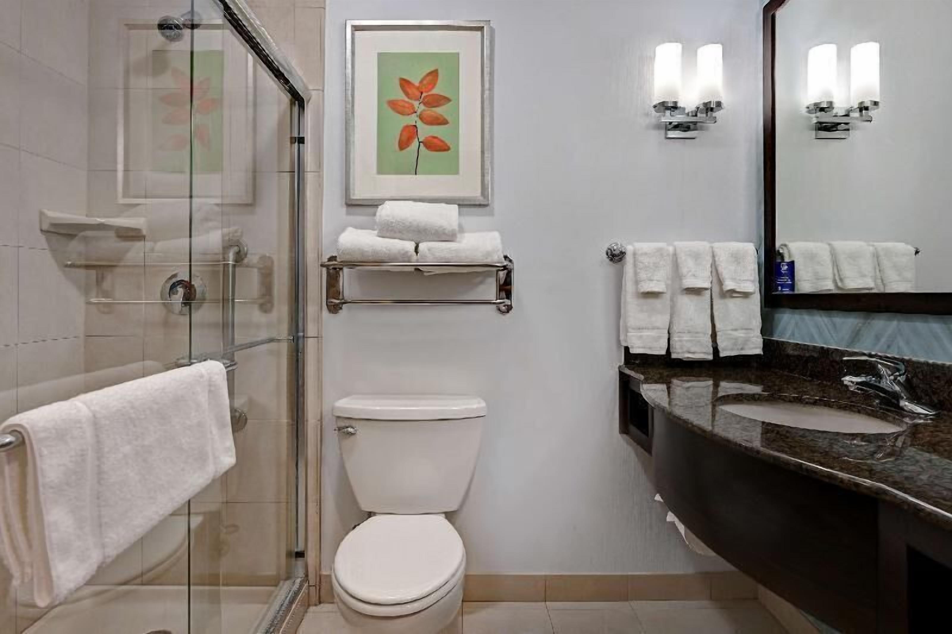 Banheiro | Produtos de toalete grátis, secador de cabelo, toalhas de banho 