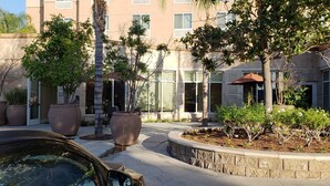 Un patio con plantas en macetas, una palmera y un edificio con grandes ventanales y una zona de estar cubierta.