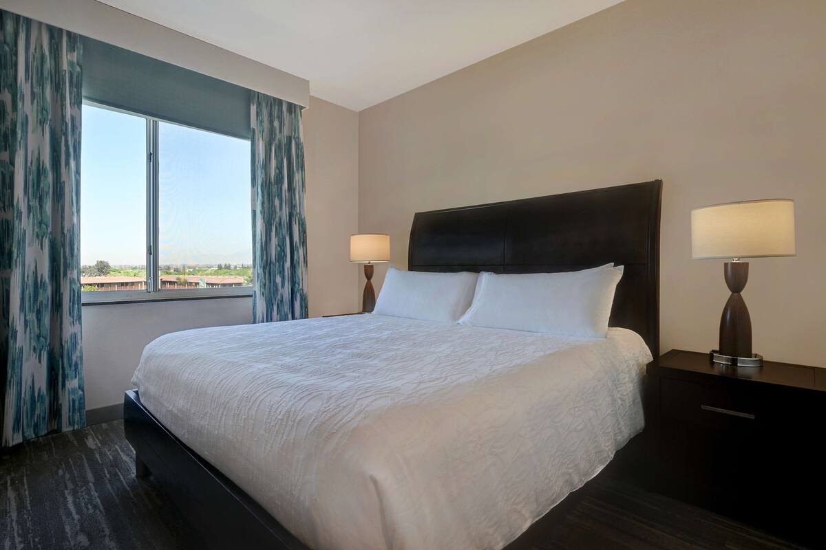A hotel room with a large bed, two bedside lamps, a dark headboard, and a view of the city through the window.