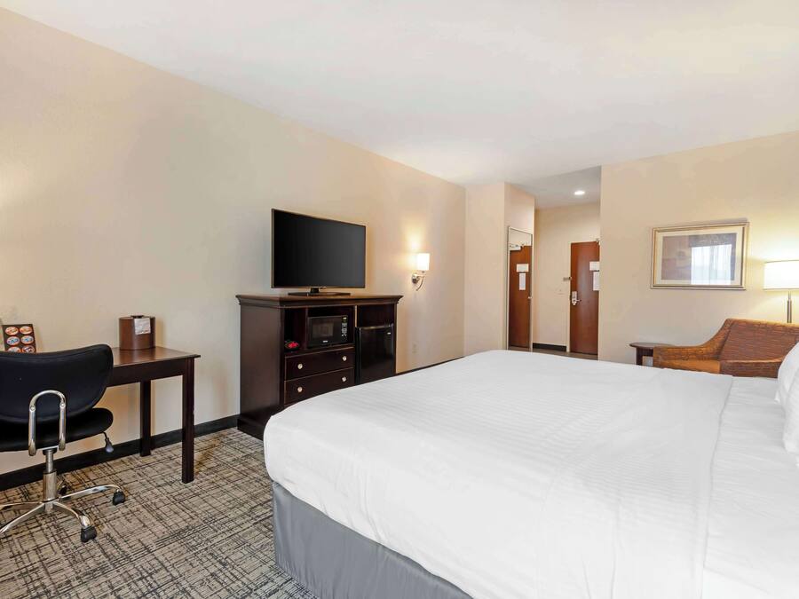A hotel room with a bed, a desk with a chair, a television, a dresser, and a lamp.