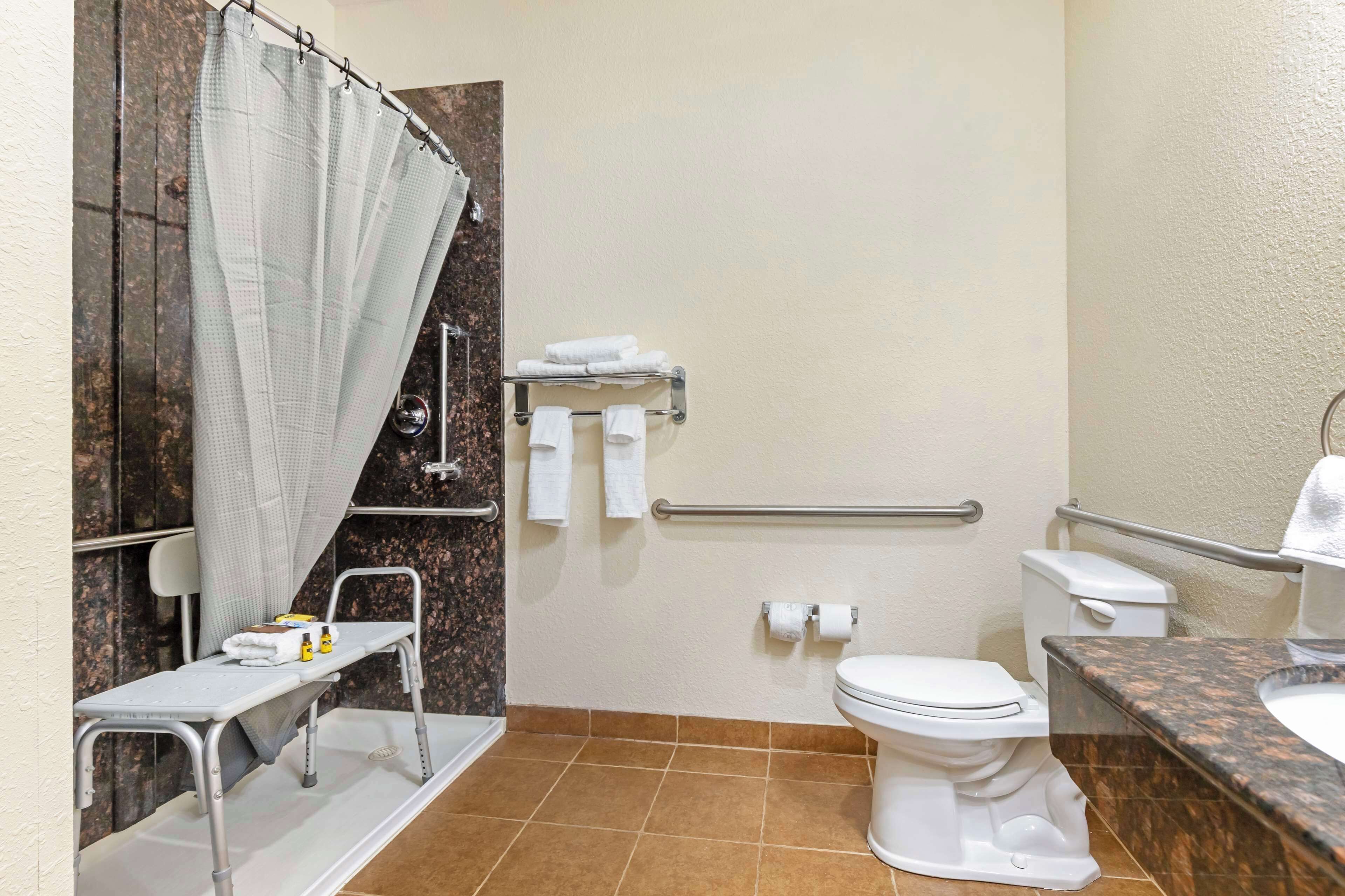 standard room, 1 king bed, accessible, refrigerator & microwave | bathroom | combined shower/bathtub, free toiletries, hair dryer, towels