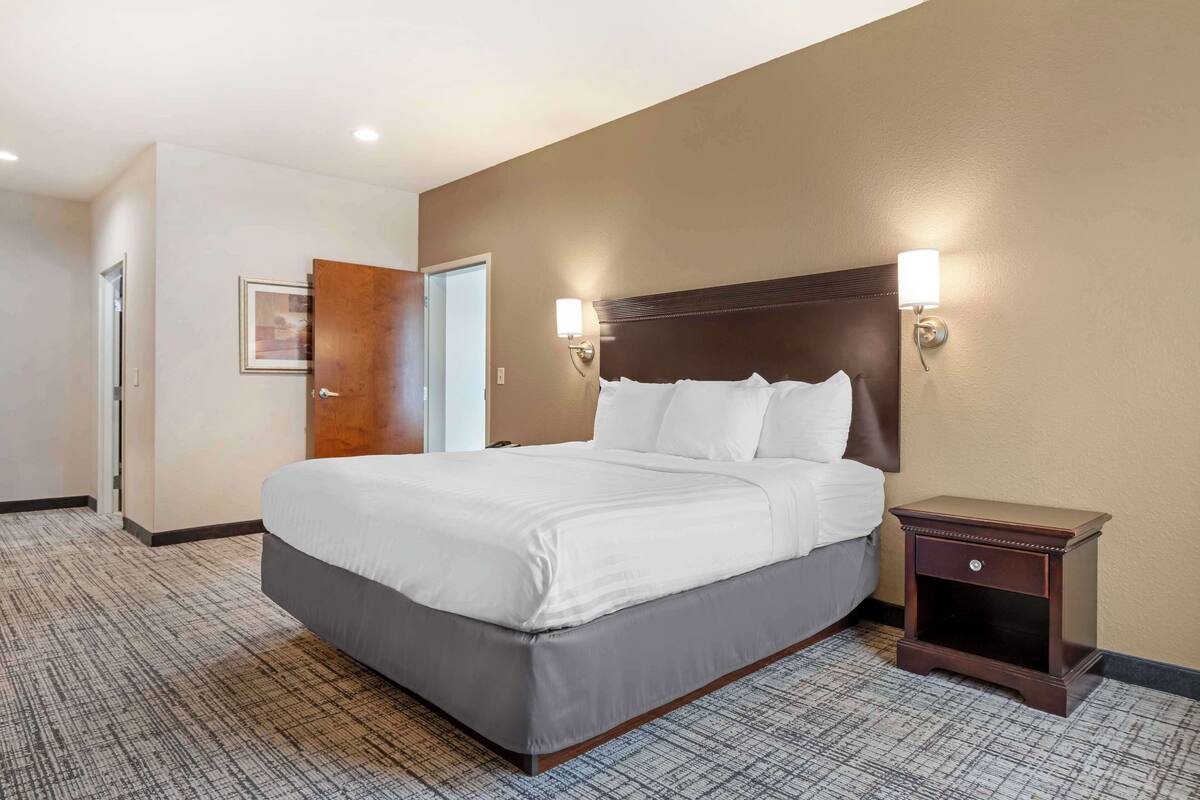 Une chambre d’hôtel avec un grand lit, une table de chevet et deux lampes fixées au mur.