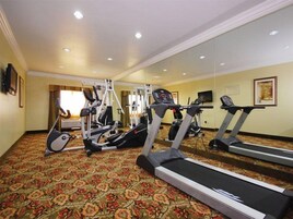 A hotel fitness center with treadmills, elliptical machines, and weight equipment.