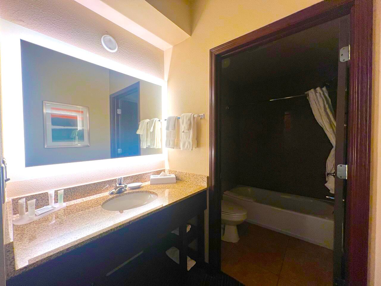A bathroom with a sink, mirror, and a shower area.